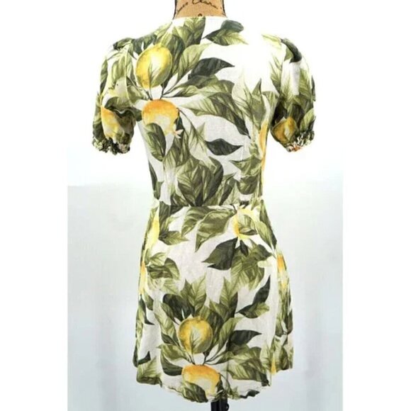 H&M Linen Blend Mini Dress S Lemon Leaf Print Cotton Blogger Fav Summer Vacation - Picture 13 of 14